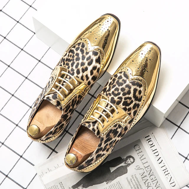 Mens Gold or Silver Patent Leopard Print Shoes - Pleasures and Sins   Pleasures and Sins