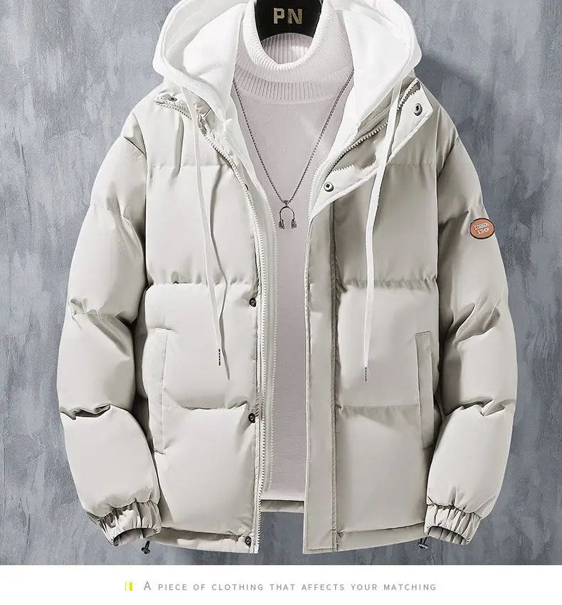 White puffy winter jacket with hood for a trendy windproof loose oversized look.