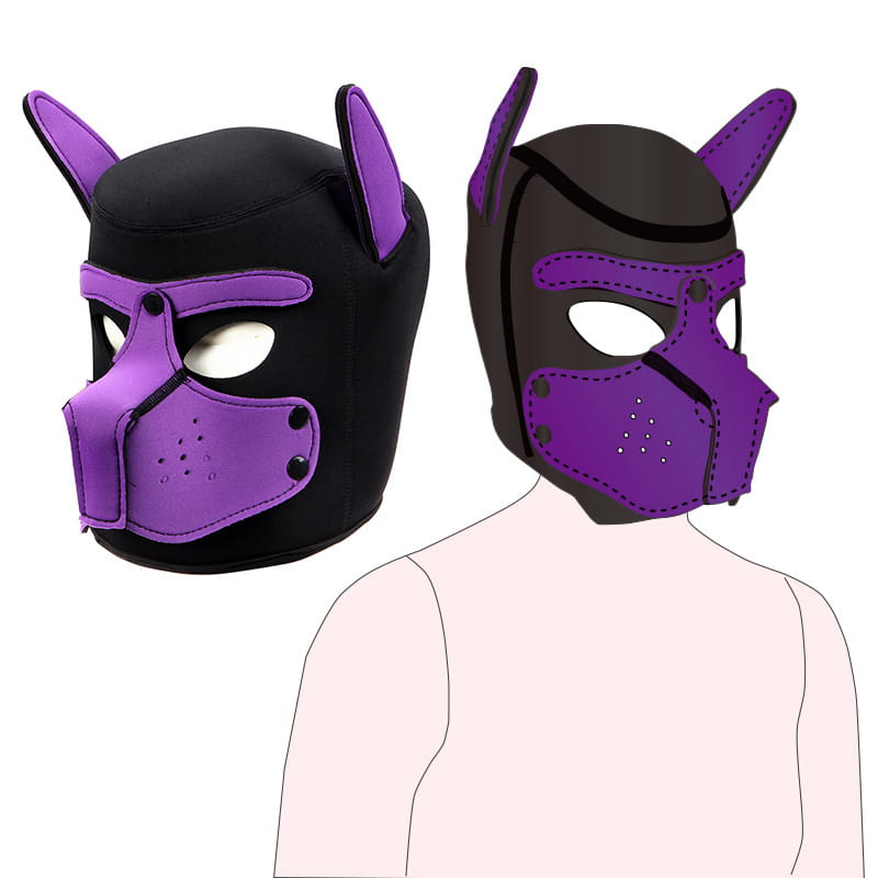 Black and purple neoprene puppy play mask for fun role play BDSM adventures.