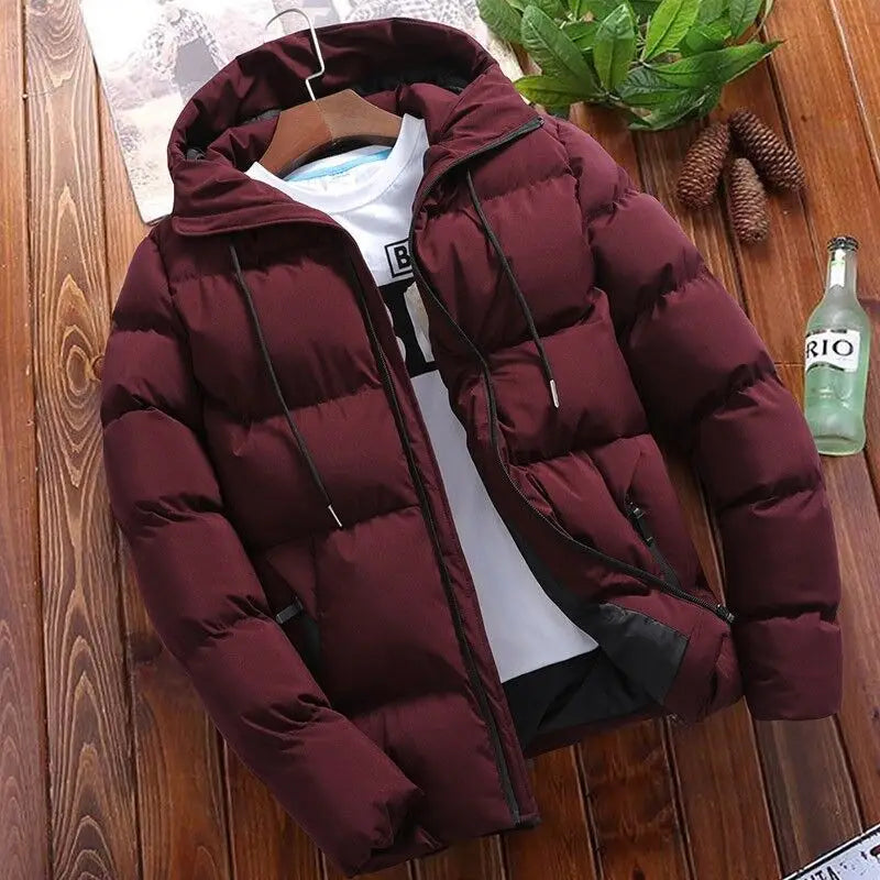 Burgundy hooded puffer jacket, perfect for men’s winter cotton style and warmth.