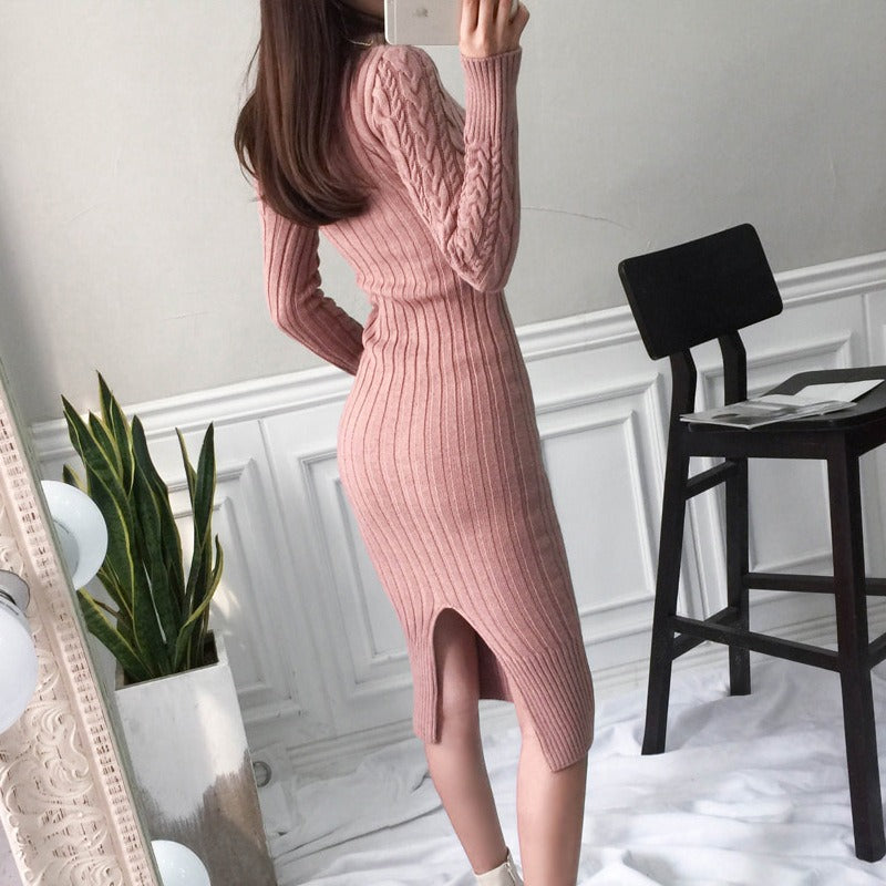 Ladies Roll Kneck Knitted Figure Hugging Maxi Dress