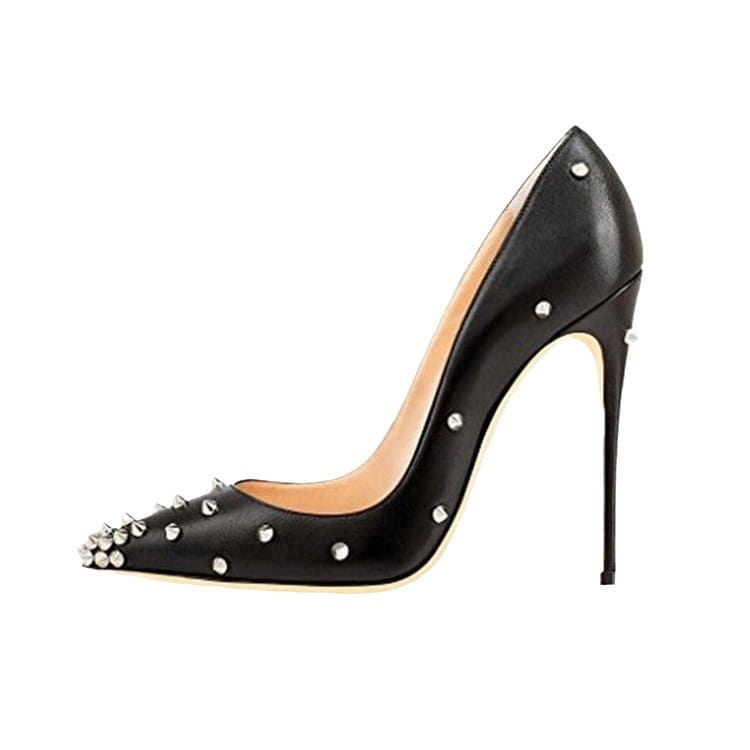 Black leather pointed toe pumps with silver studs, perfect for trendsetters and the catwalk.