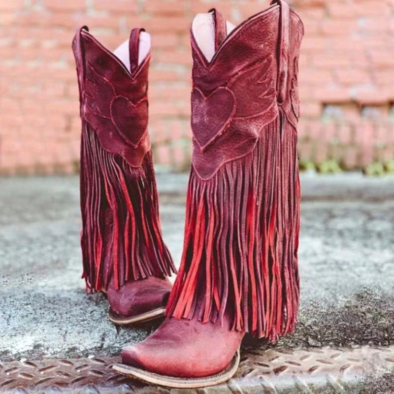 Womens Cowboy Boots Tassel Mid Boots Thick Heel Pointed Toe - Pleasures and Sins   Pleasures and Sins