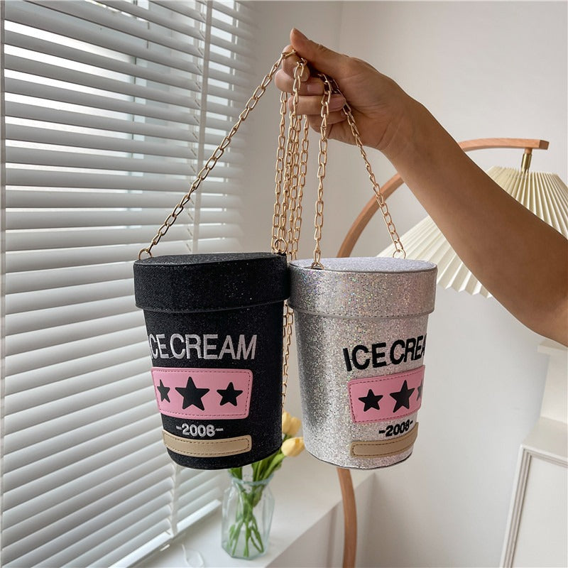 Sequin crossbody small round bag In shape of ice cream pot design - Pleasures and Sins   Pleasures and Sins