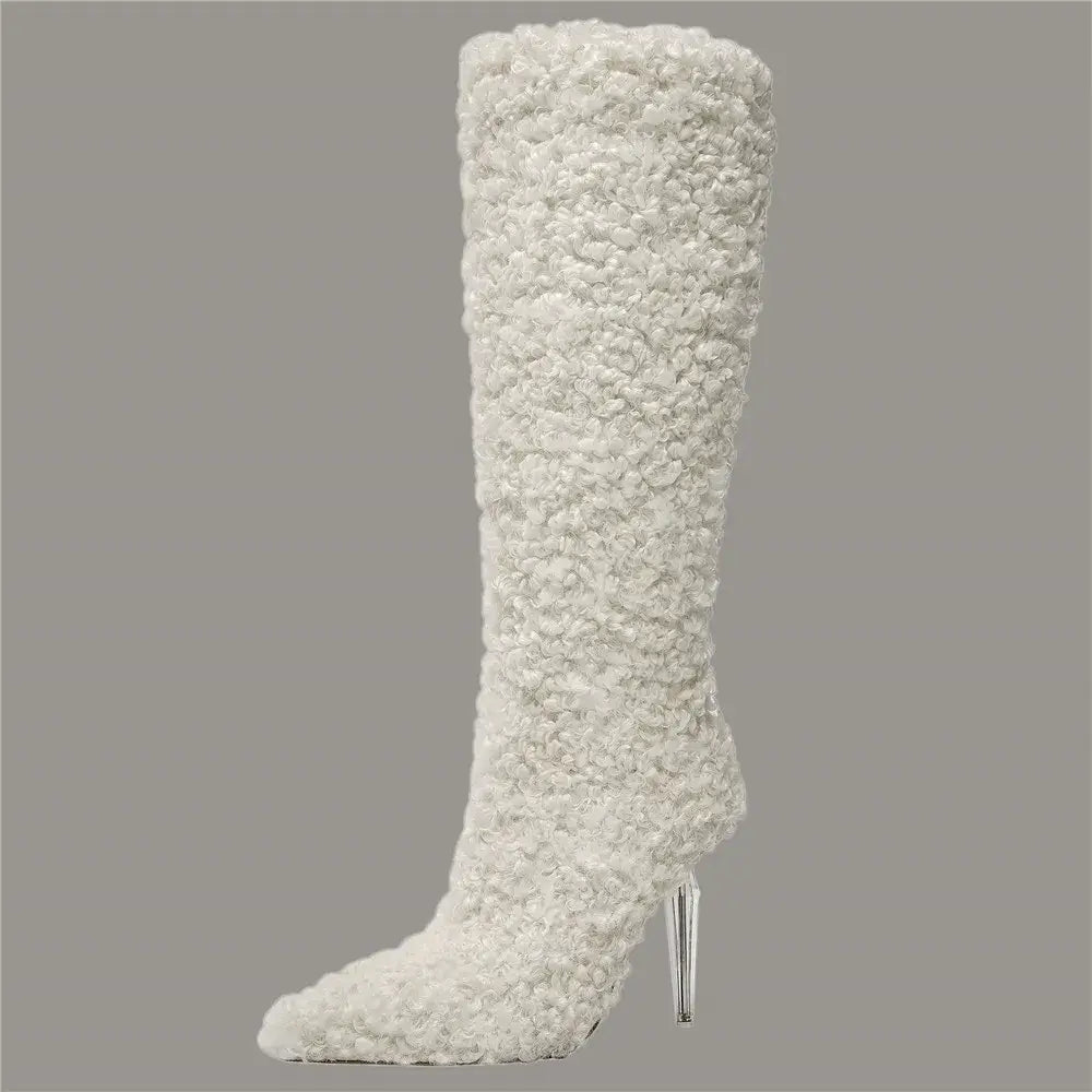 Stylish Tall White Furry Knee High Pointed Toe Boots with Crystal Transparent Heel