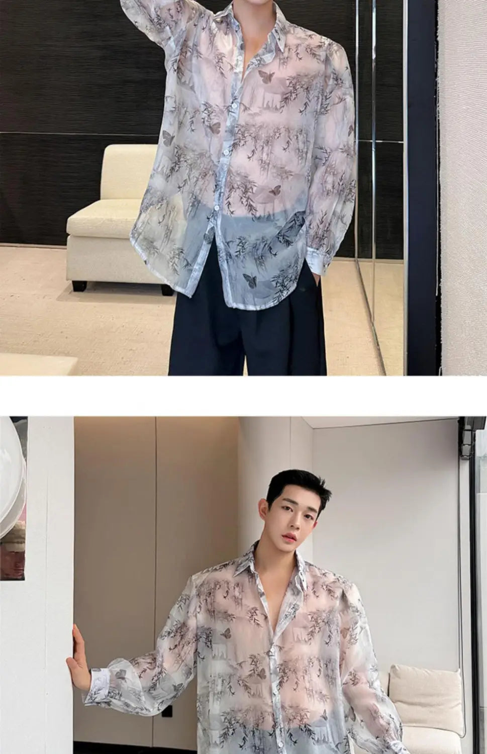 Sheer Bamboo Flower Pattern Shirt in Traditional Chinese Style with long sleeves.