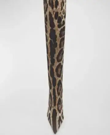 Womens Leopard Snakeskin Pointed Boots Stiletto Heels Thigh