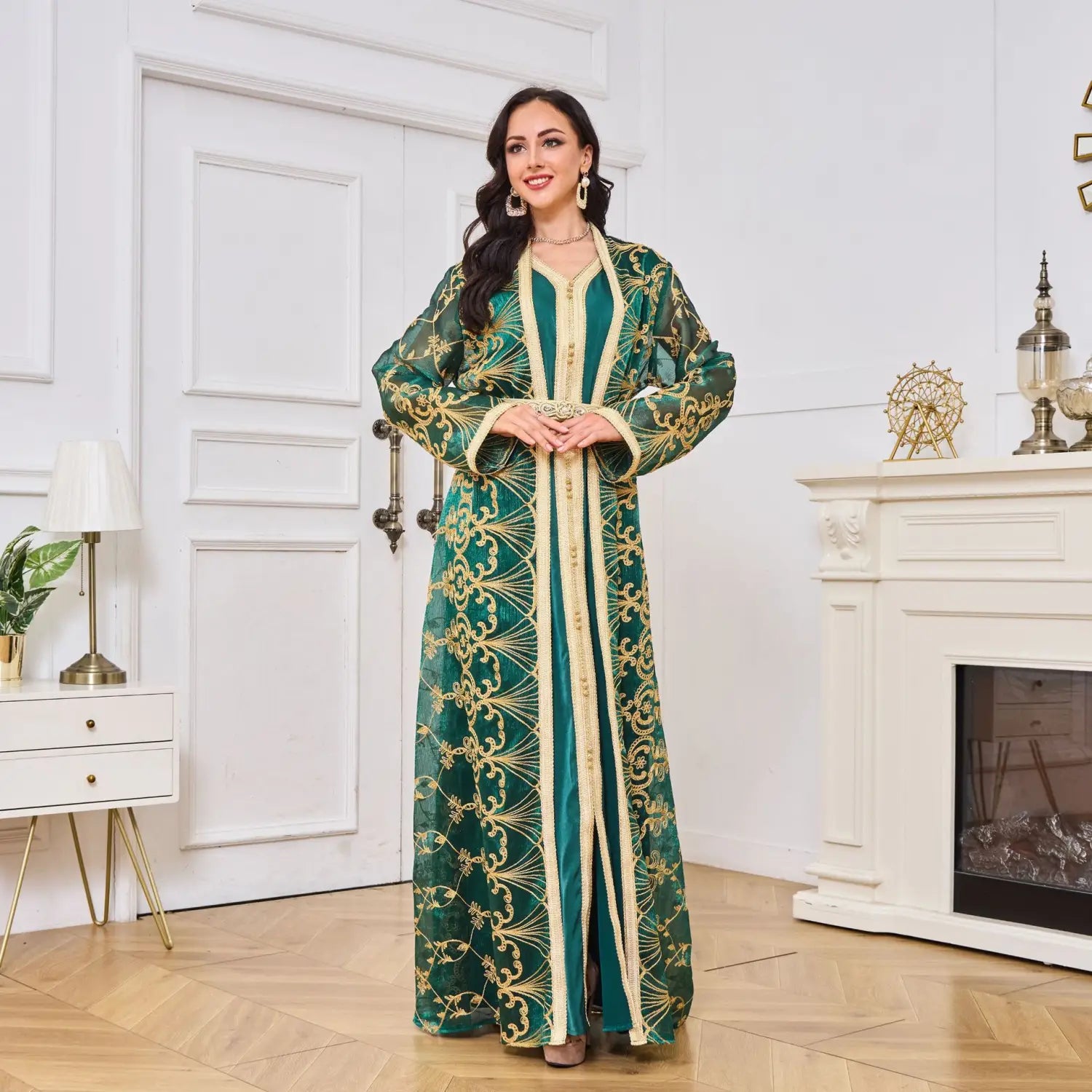 Muslim robe womens embroidered long two-piece dress set