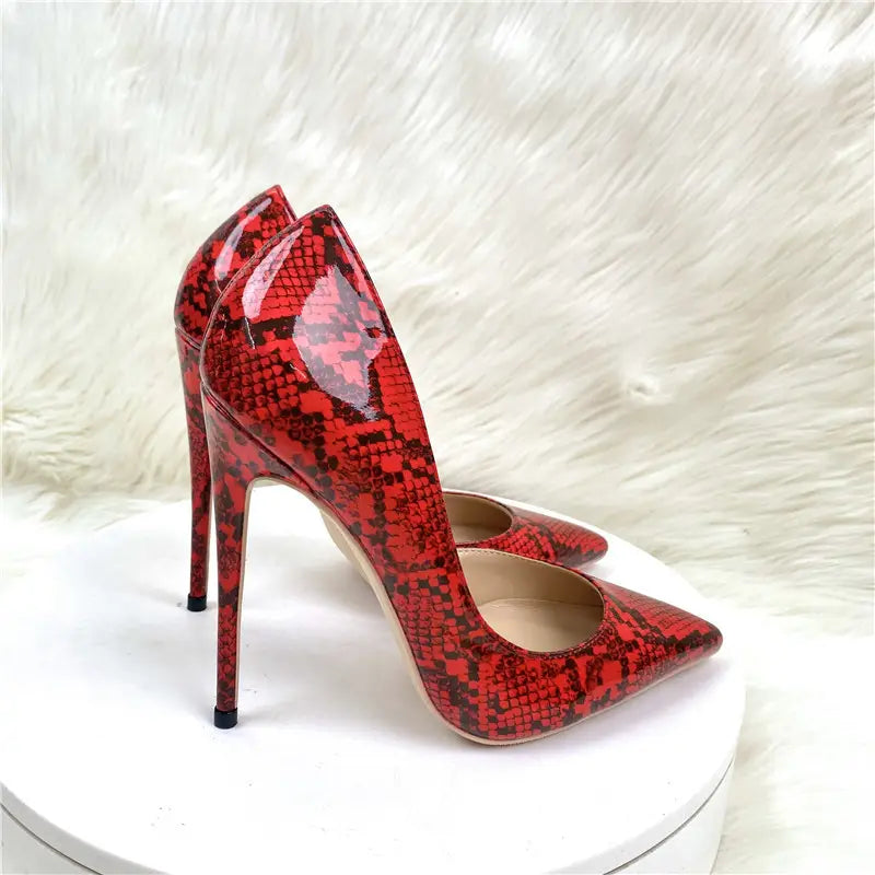 Red snake pattern stiletto high heel ladies shoes for fierce style and bold fashion.