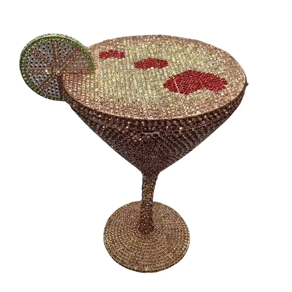 Pochette de cocktail en forme de verre, cloutée et ornée de strass