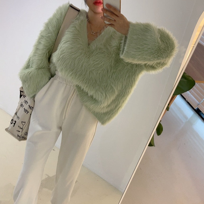 Knitted top women's loose fitting pullover imitation mink fur top