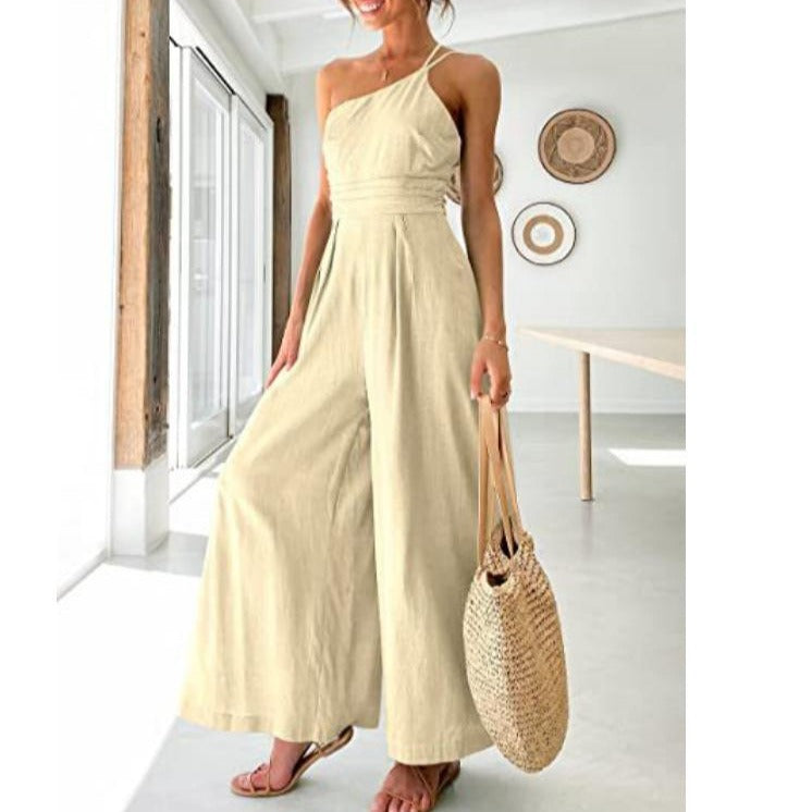 Women's sexy camisole waist wide leg sleeveless cotton linen jumpsuit - Pleasures and Sins   Pleasures and Sins