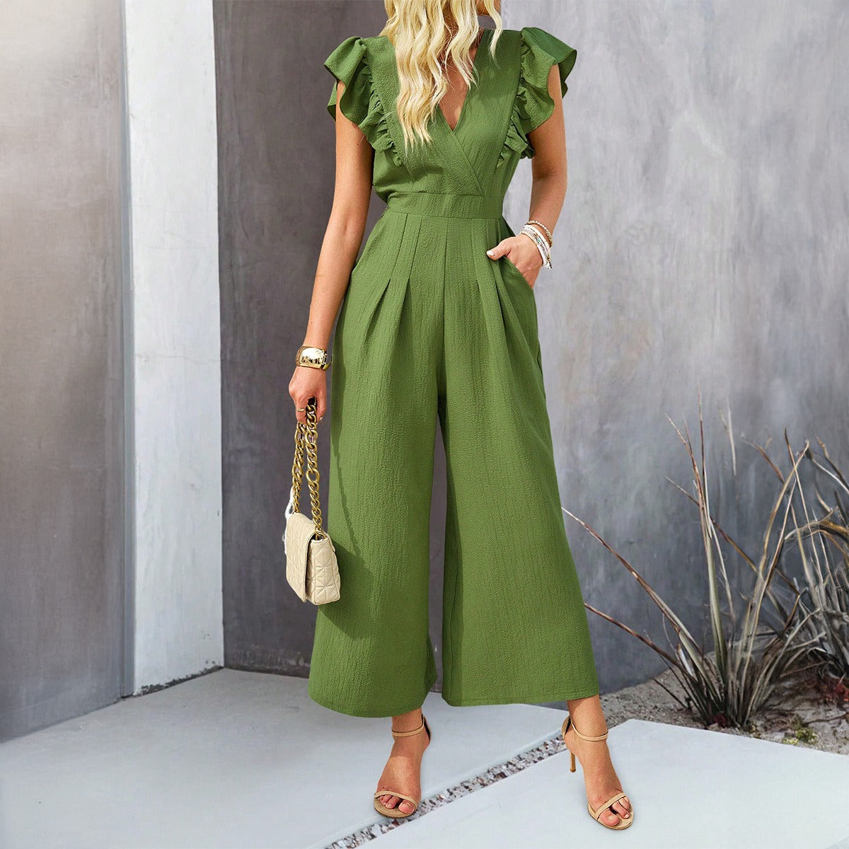 European spring and summer wide leg v neck jumpsuit - Pleasures and Sins   Pleasures and Sins