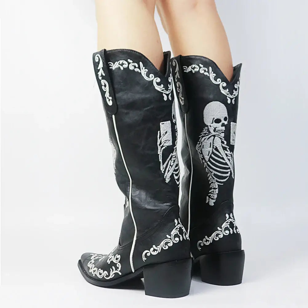 Bottes de cowgirl à talons hauts pour femmes à mi-mollet et à talons courts Skull