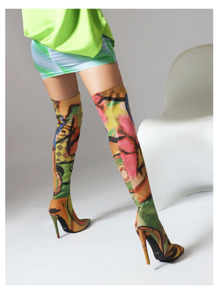 Plus Size Art Graffiti Over Knee Boots Pointed Toe