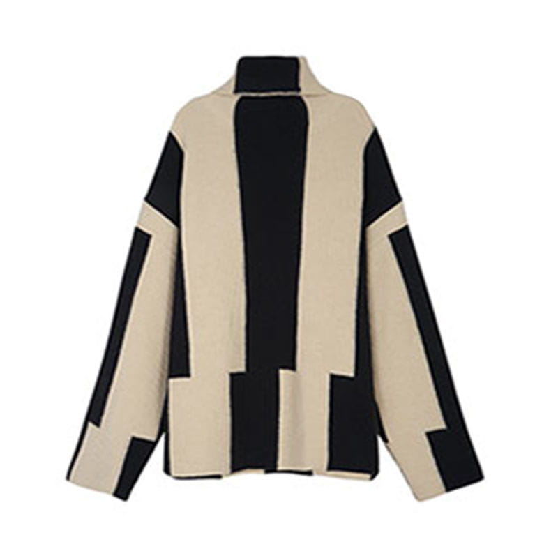 High neck black and beige color-blocked knit striped sweater for women with geometric design.