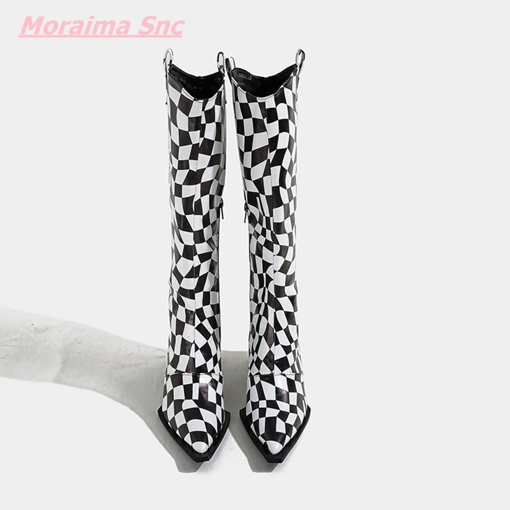 Stylish Black White Checkerboard Pointed Women’s Boots with Square Heel for trendy looks.