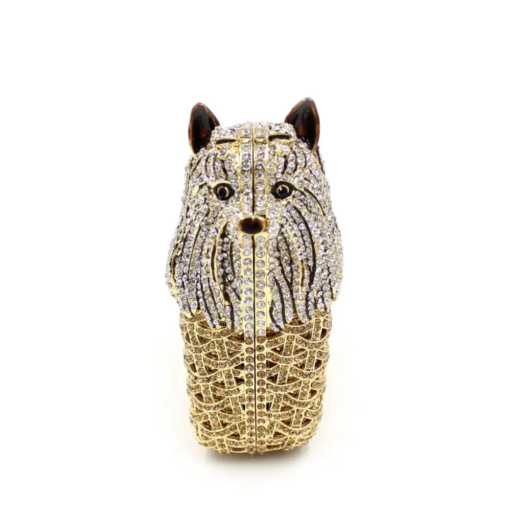 Crystal-encrusted puppy shaped rhinestone clutch bag perfect for crystal dinner events.