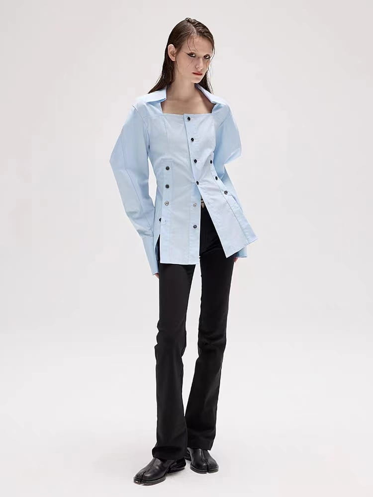 Shirt waist cinching slimming mid length shirt jacket