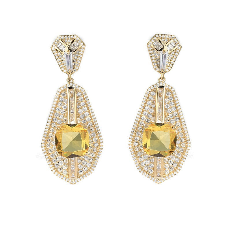 High-end heavy square diamond fan-shaped luxury inlaid zircon earrings - Pleasures and Sins   Pleasures and Sins