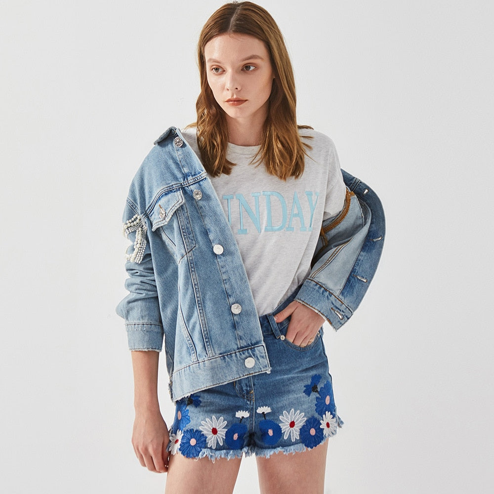 Embroidered Denim Jacket Beading Pattern Long Sleeve Vintage Western - Pleasures and Sins   Pleasures and Sins