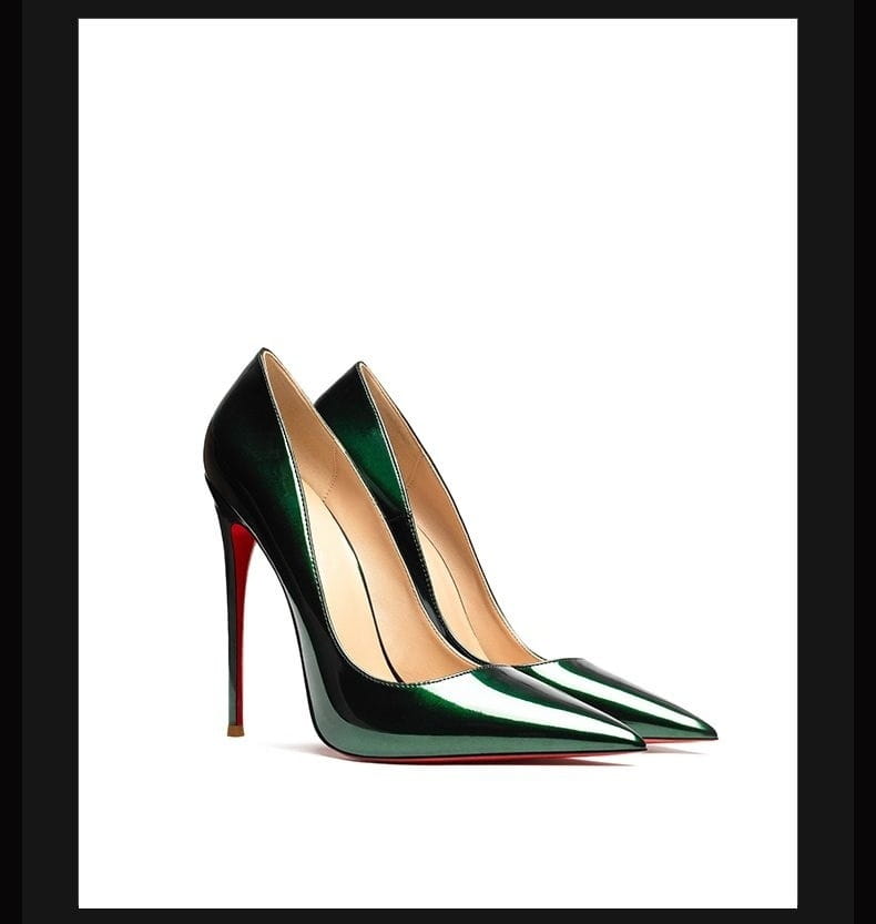 Glossy dark green luxury high heel stiletto shoes with red soles from Pure Desire Luxury.