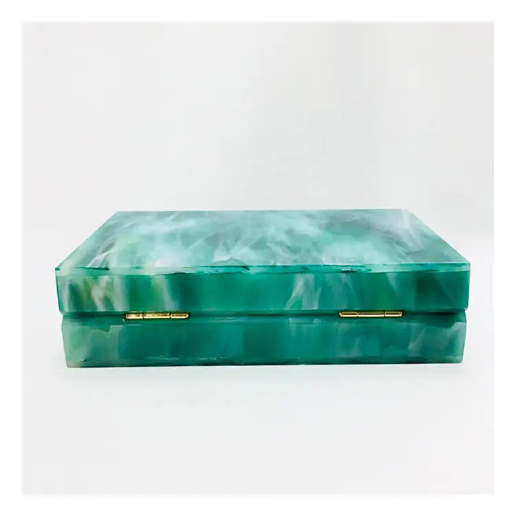 Rectangular green marble-patterned acrylic box evening handbag luxury with brass hinges.