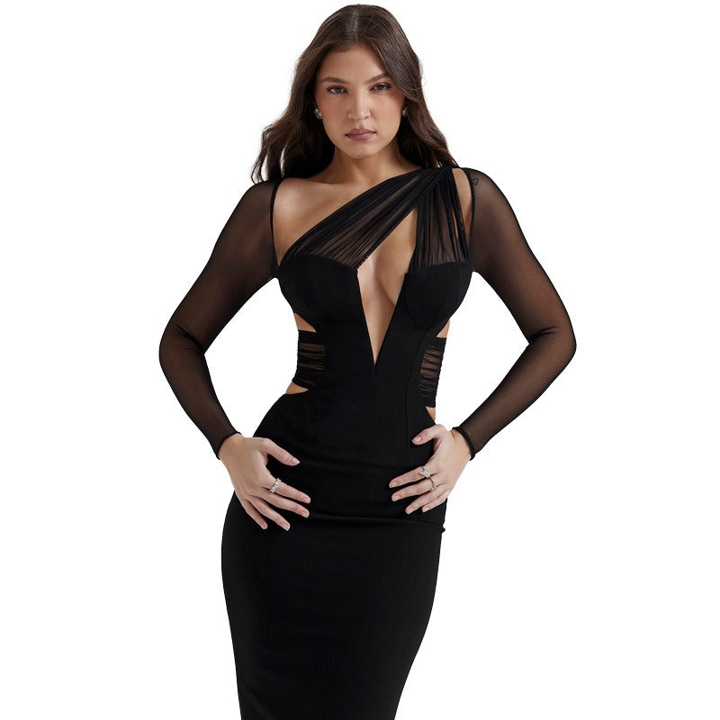 Womens Long sleeved Diagonal Neck Cut Out Tight Fit Dress - Pleasures and Sins   Pleasures and Sins