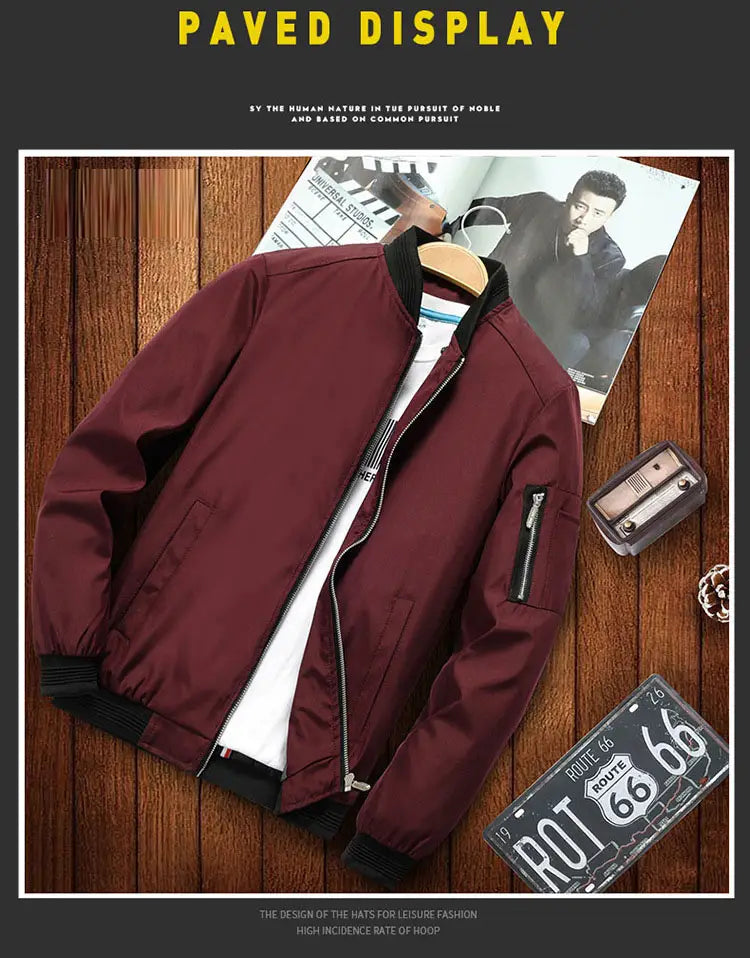 Burgundy bomber jacket with silver zippers in a casual Harrington style hooded design.