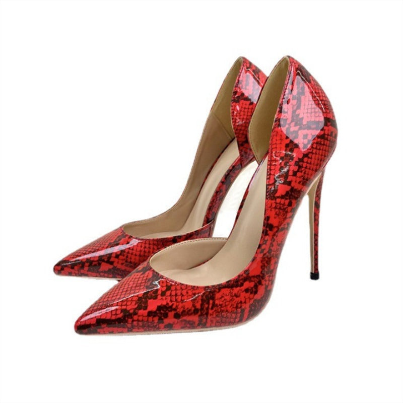 Red snake pattern high heel ladies shoes with pointed toe - Pleasures and Sins   Pleasures and Sins