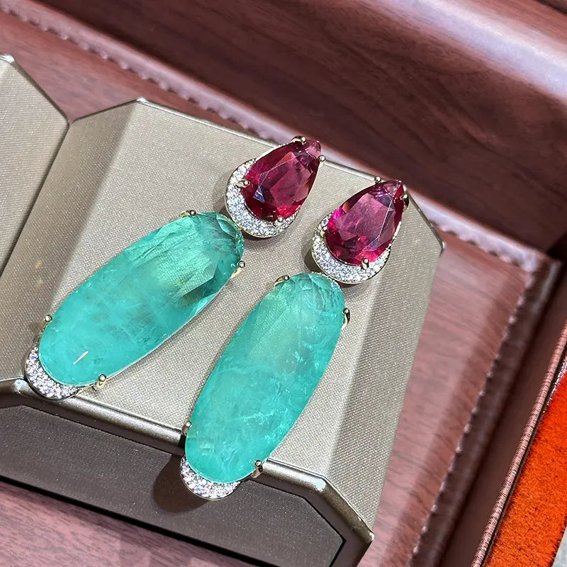 Boucles d'oreilles de style forestier à diamants colorés Géométrie rétro française