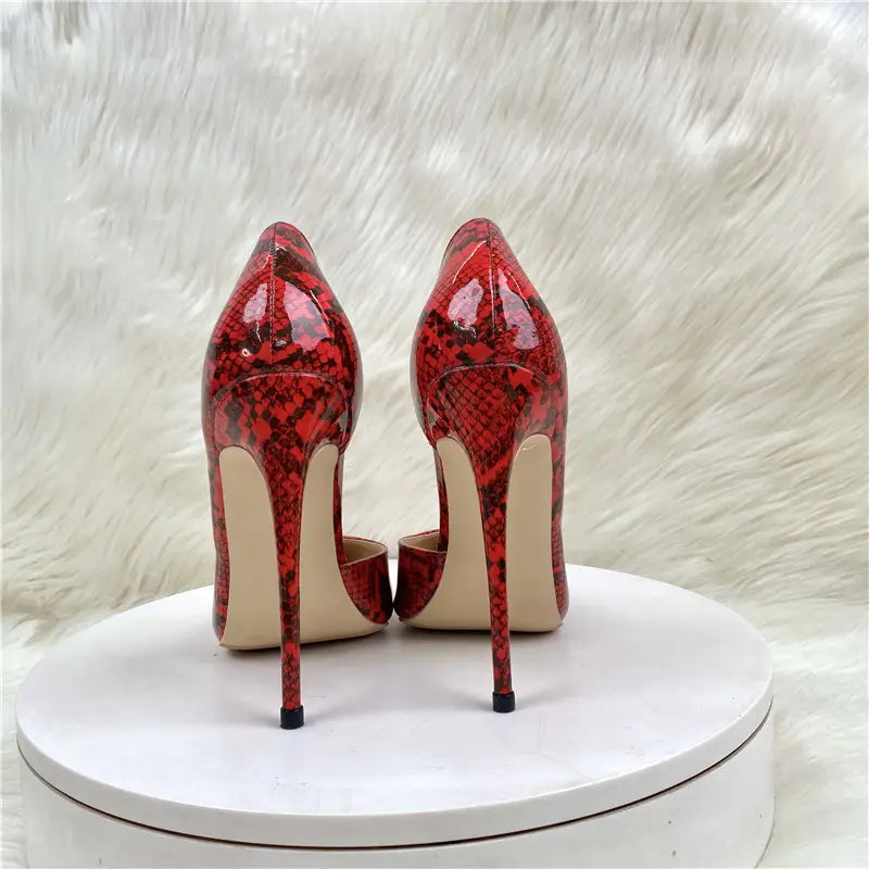 Red snake pattern high heel ladies shoes for a fierce and stylish look.