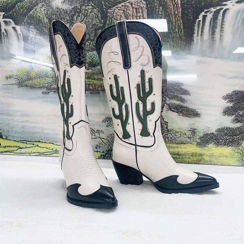 Western Cowboy Mid Calf Women Chunky High Heels Cactus Cowgirl Boots - Pleasures and Sins   Pleasures and Sins