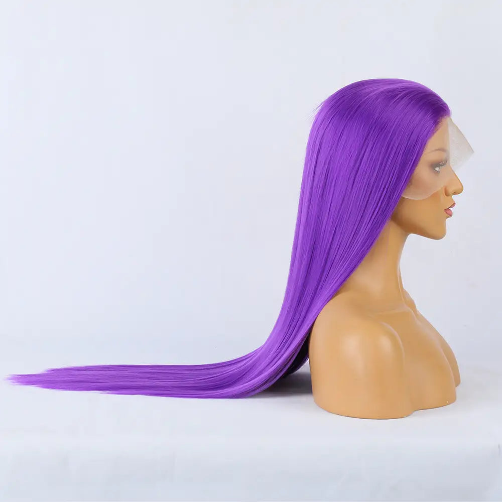 Mannequin head showcasing a long straight purple synthetic lace front wig.