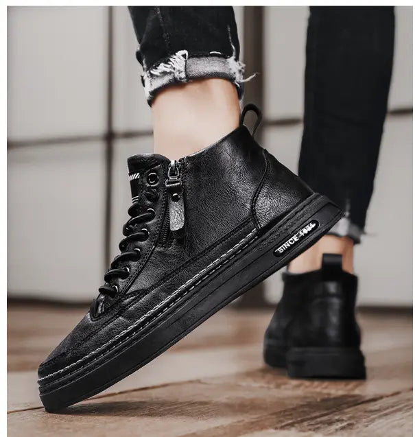 Black leather high-top sneaker with zipper, perfect casual shoes for mens versatile style.