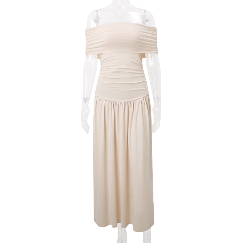 Off-shoulder cream pleated strapless dress showcasing sexy slim fit and gathered waist.