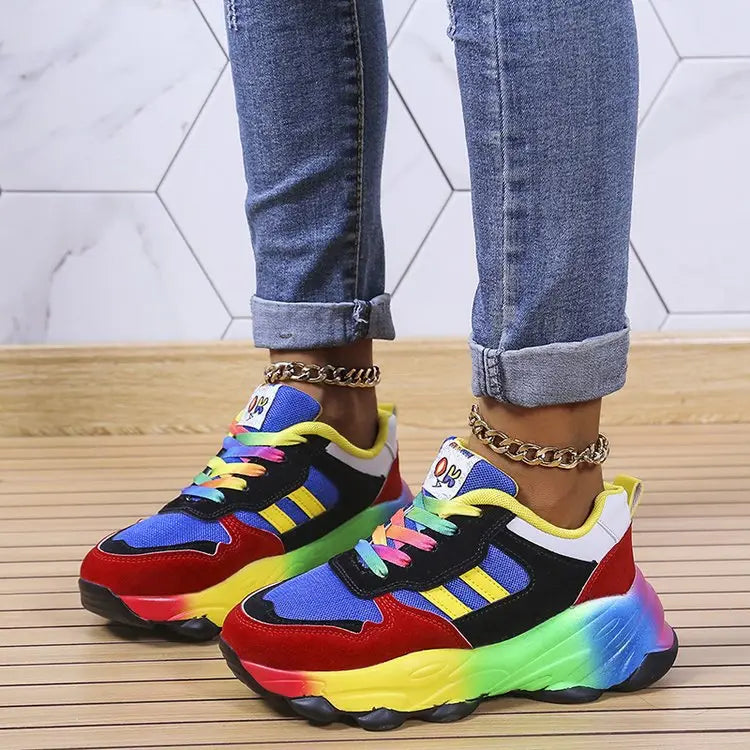 Colorful chunky sneakers with rainbow soles perfect for Rainbow Hip Hop casual vibes