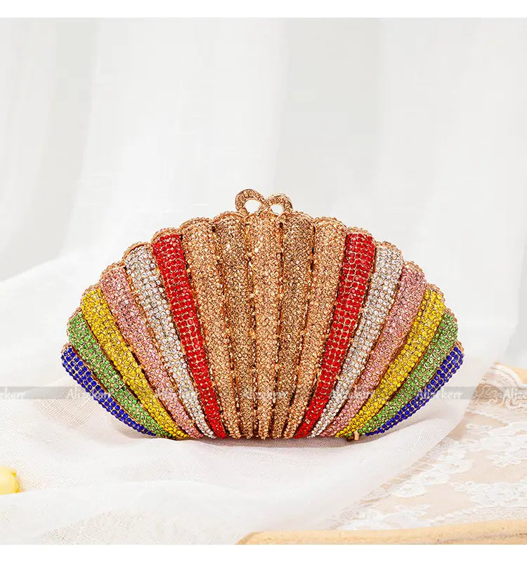 Rainbow Shell Rhinestone clutch purse with colorful stripes and crystal embellishments.