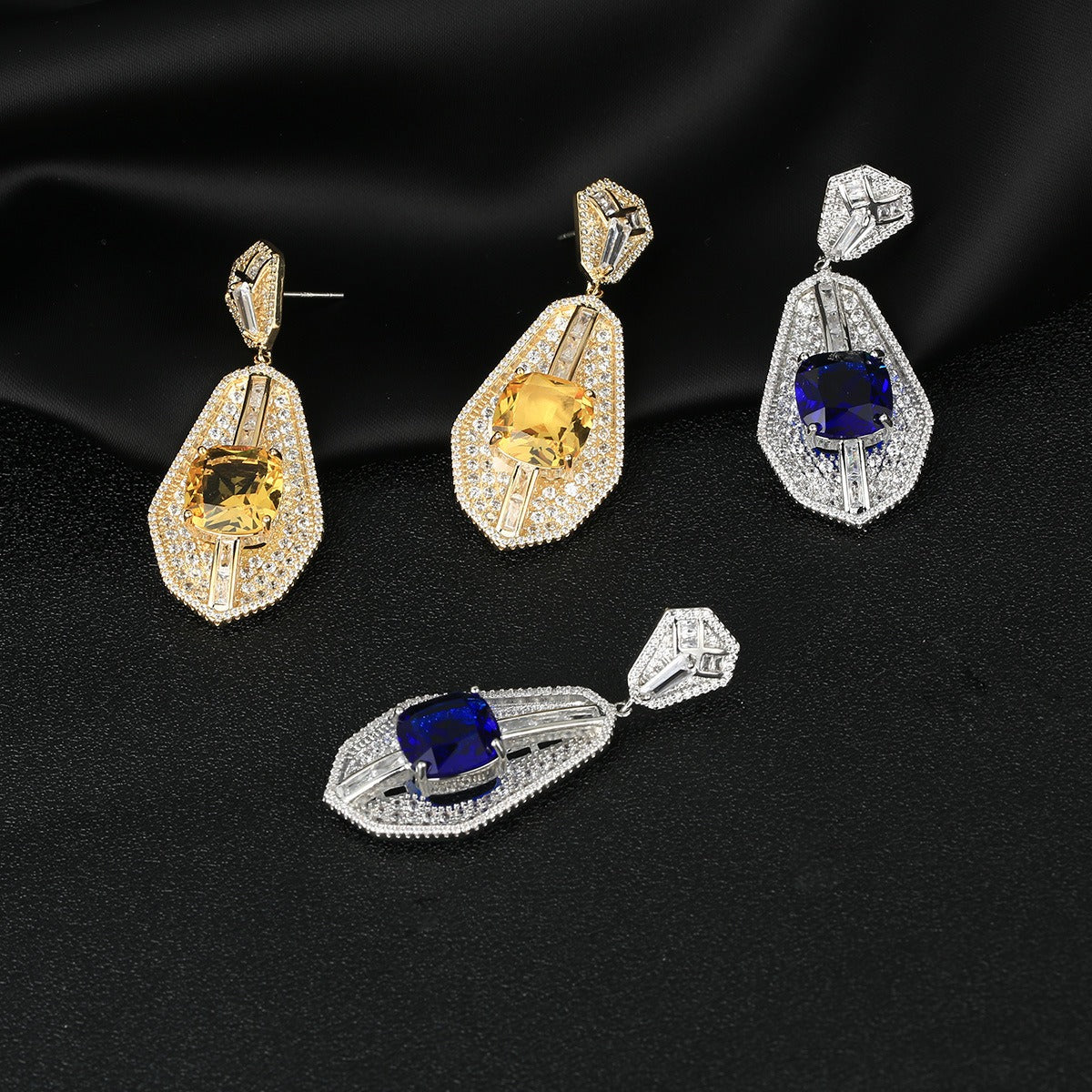 High-end heavy square diamond fan-shaped luxury inlaid zircon earrings - Pleasures and Sins   Pleasures and Sins