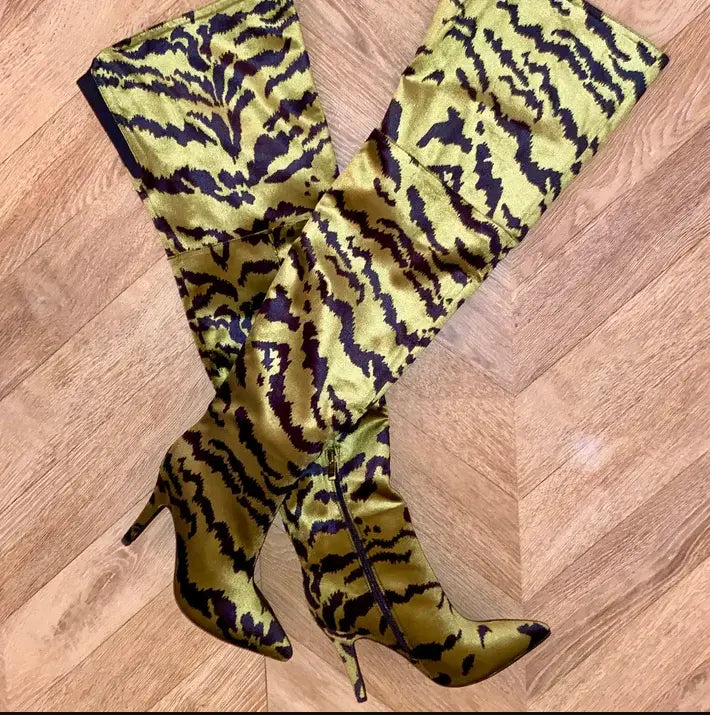 Womens Tiger Print Sexy Thigh Boots featuring bold yellow and black stripes.