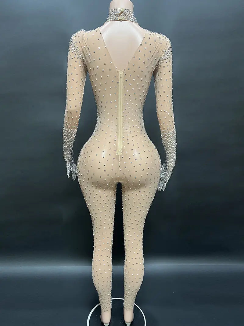 Rundhalsausschnitt langärmelig hauteng Strass Jumpsuit