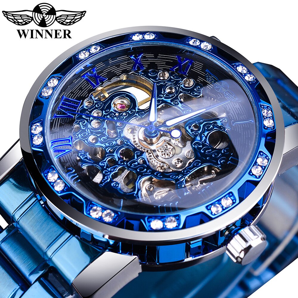 Mens Rhinestone Roman Analog Skeleton Mechanical Stainless Steel Luminous Watch - Pleasures and Sins   Pleasures and Sins