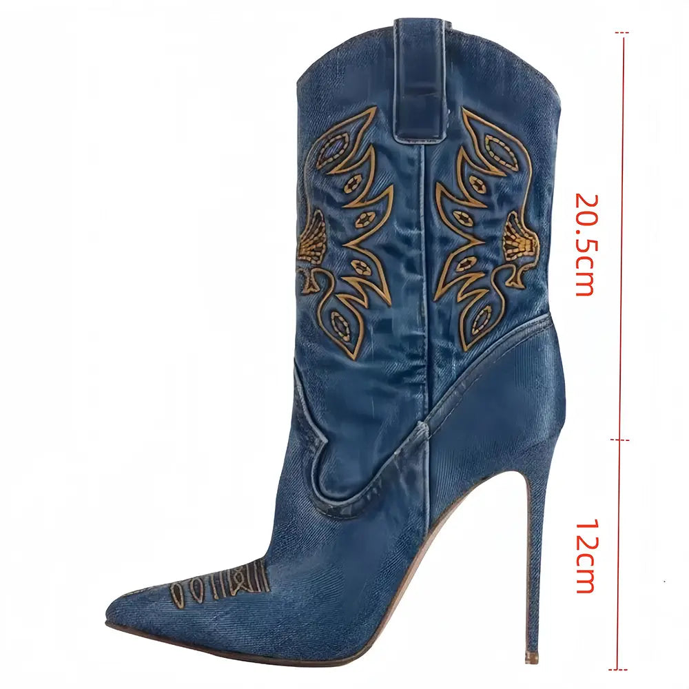 Marineblaue Stiletto-Cowboystiefel mit Goldstickerei für stylische Damen-Western-Cowboy-Vibes.