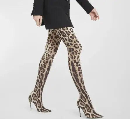 Womens Leopard Snakeskin Pointed Boots Stiletto Heels Thigh Long Socks Boots - Pleasures and Sins   Pleasures and Sins