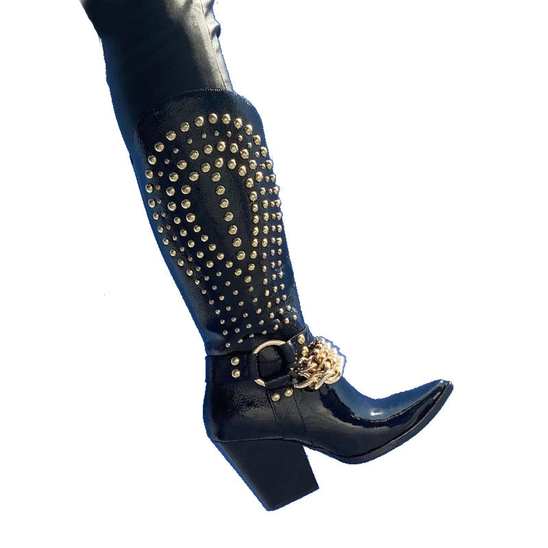 Western cowboy boots thick heel Rivet belt buckle Black Patent leather - Pleasures and Sins   Pleasures and Sins