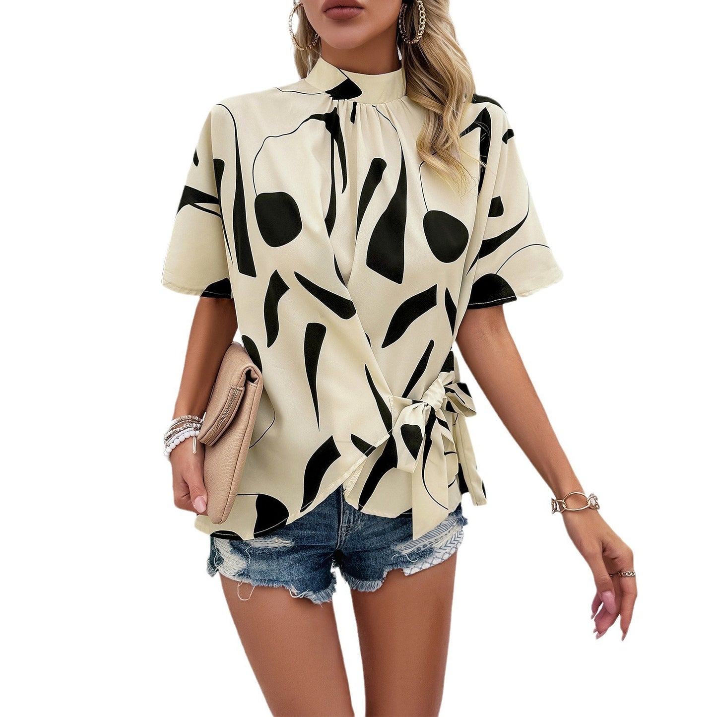 Womens printed short sleeve tie waist casual loose top - Pleasures and Sins   Pleasures and Sins