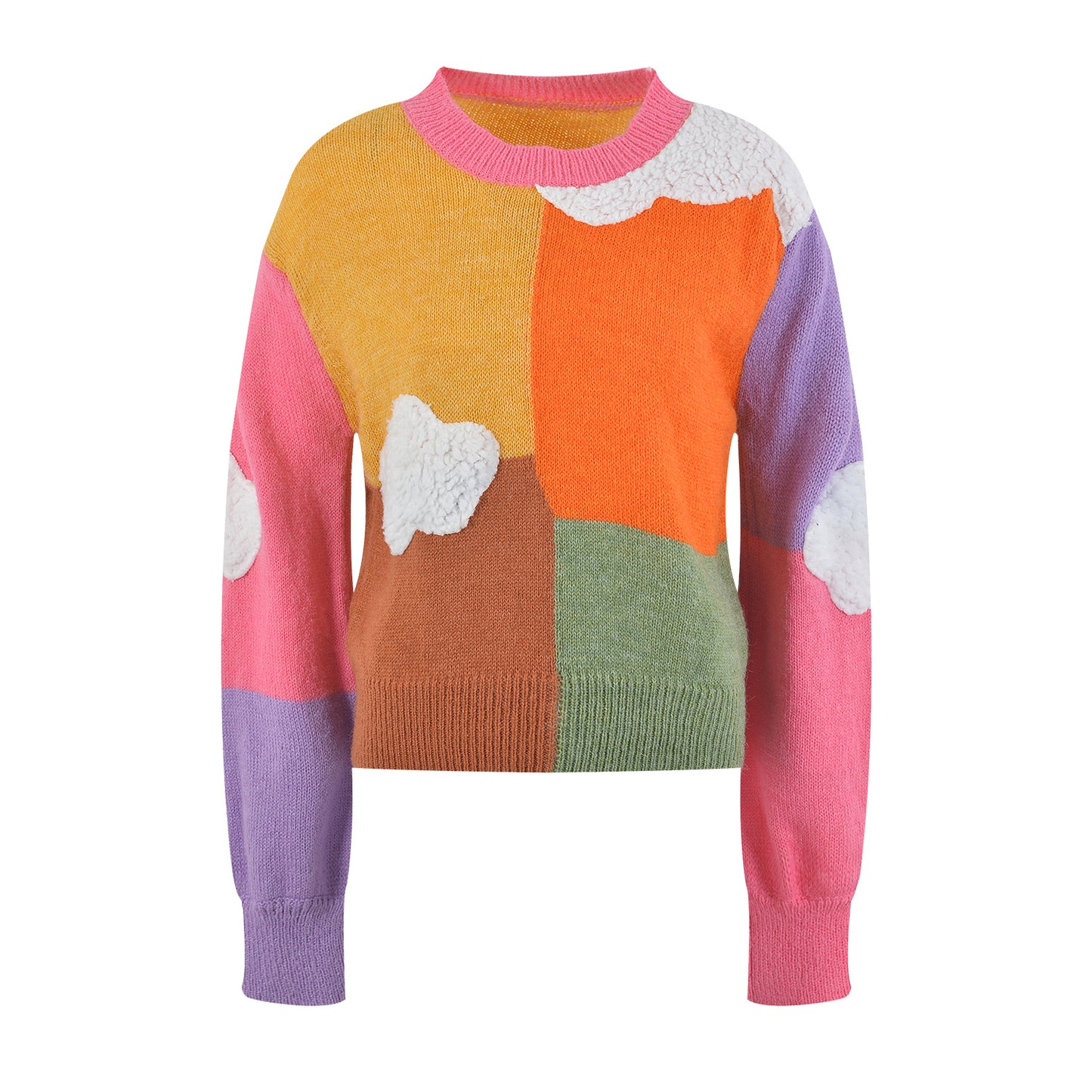 Ladies rainbow cloud short sweater, round neck long sleeved sweater