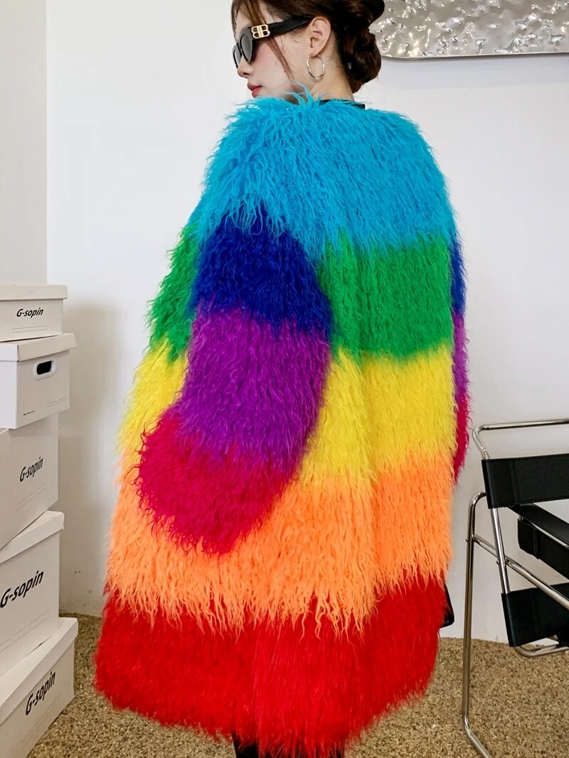 Niche Rainbow Winter Faux Fur Coat Loose Long Jacket Shaggy Outerwear - Pleasures and Sins   Pleasures and Sins