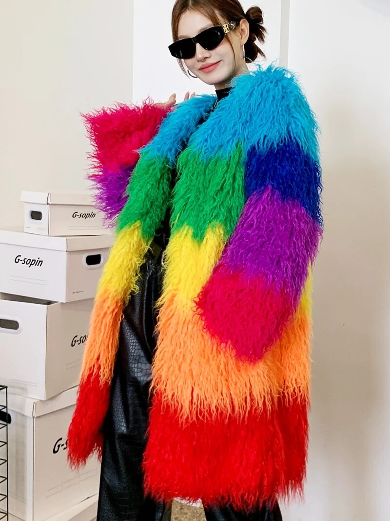 Niche Rainbow Winter Faux Fur Coat Loose Long Jacket Shaggy Outerwear - Pleasures and Sins   Pleasures and Sins