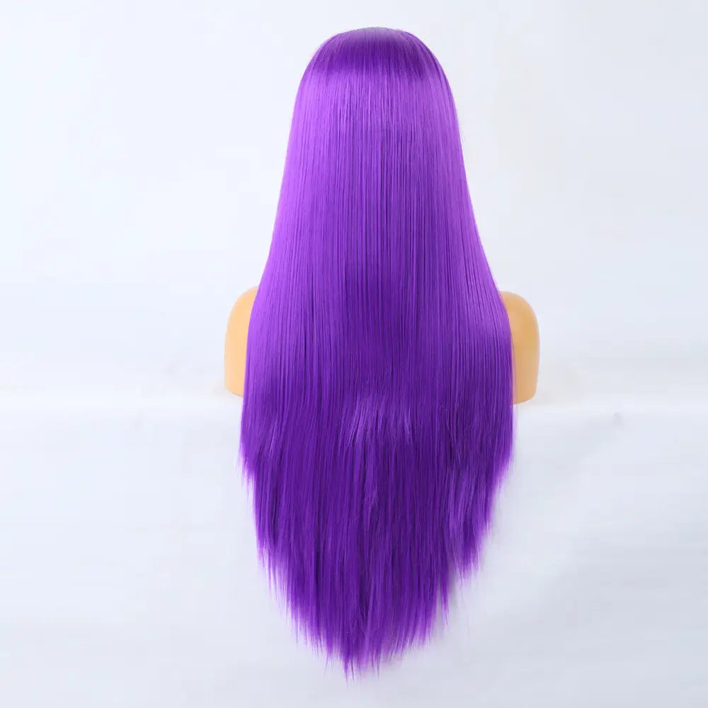 Long straight purple synthetic lace front wig with a sleek finish for a bold look.